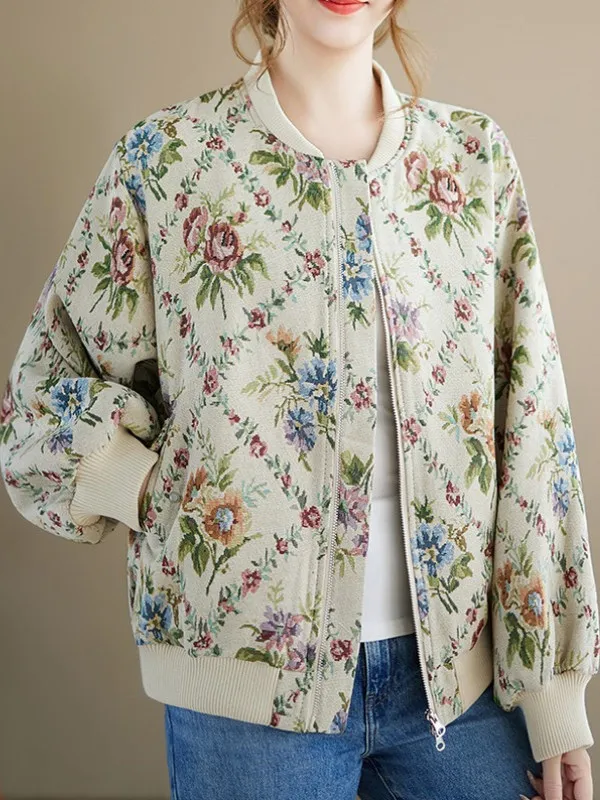 

Ретро картина маслом текстура бейсбол джет верхняя одежда на молнии воротник-стойка Ele большой размер женский осенне-зимний кардиган