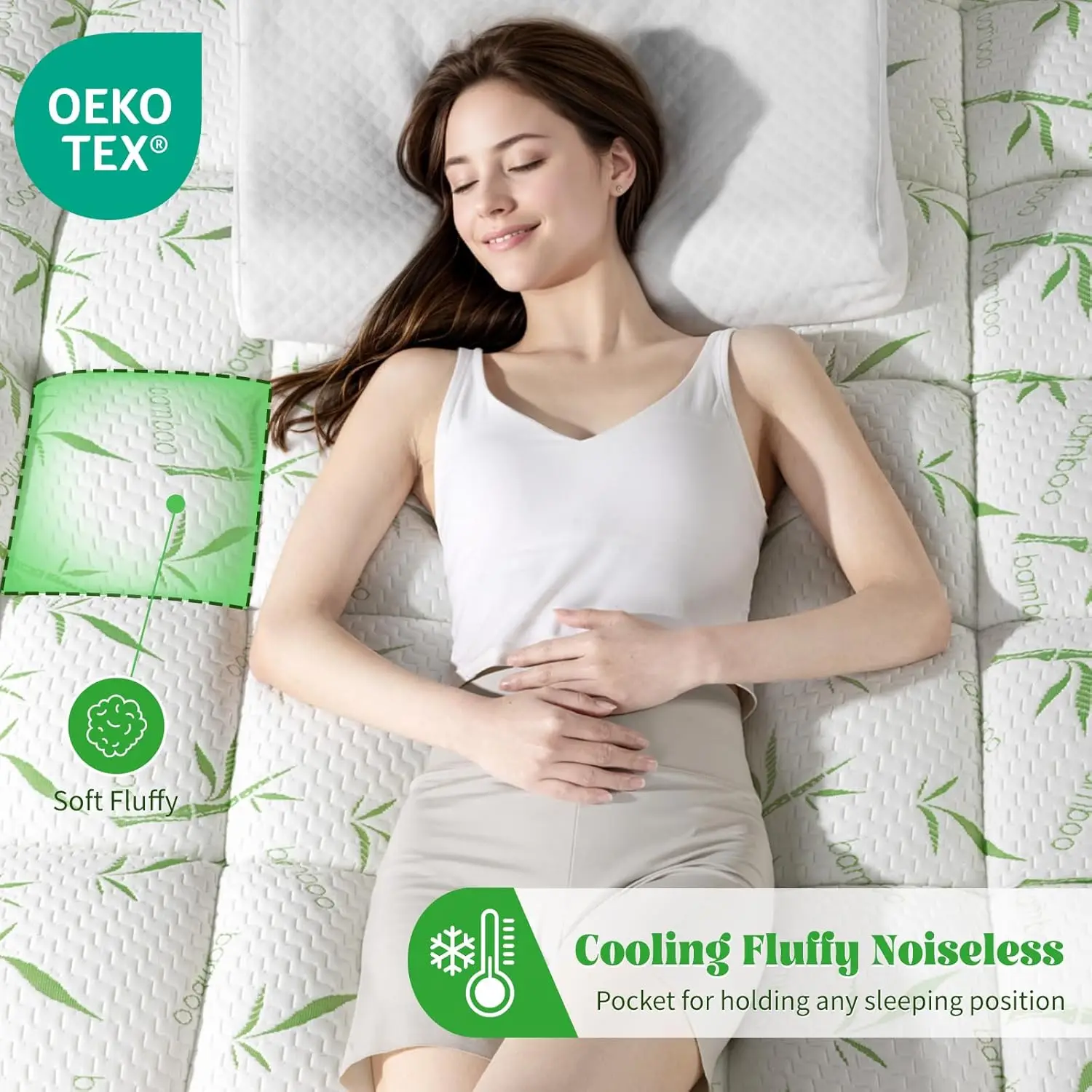 Bamboo Fiber Sponge Mattress Topper Hotel Quality High Resilience Non-Slip Breathable Four Season Machine Washable Fresh Natural