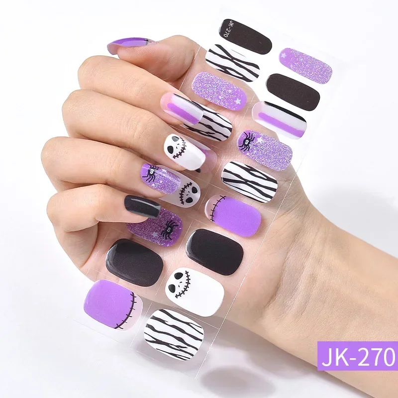 24 Tips Per Doos Uv Semi-Uitgeharde Gel Nagelsticker Halloween Nail Wraps Glitter Folie Volledige Cover Nagelstrips Kerstdag Manicure