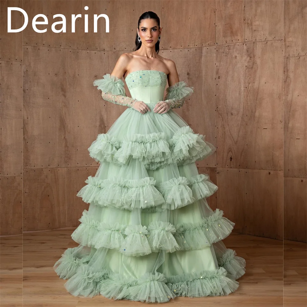 

Customized Prom Dress Formal Women Dearin Strapless A-line Floor Length Skirts Tulle Bespoke Occasion Dresses Evening Gown