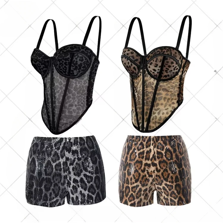 Sexy Leopard Print Two Piece Sets Women Backless Fishbone Corset Top + Sequined Leopard Shorts Outfits