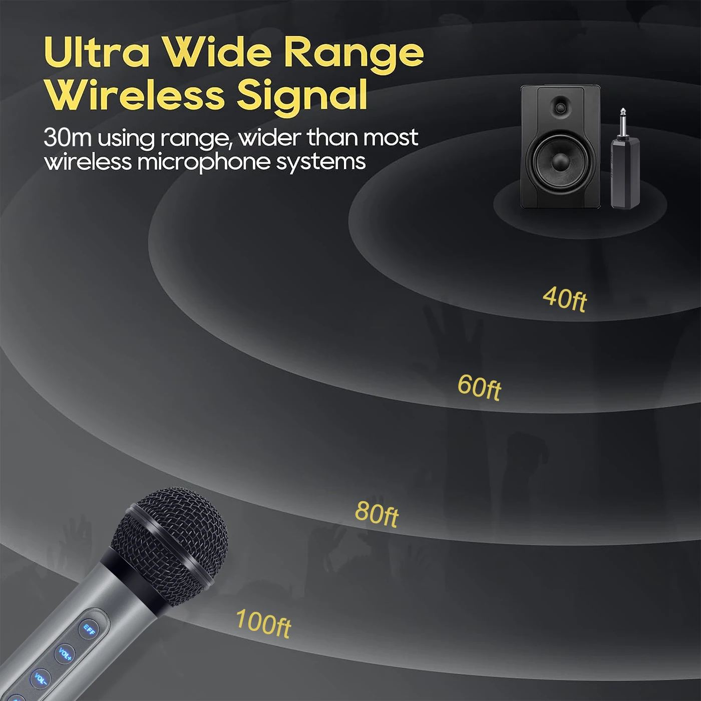 Micrófono inalámbrico de efecto de sonido dinámico de mano con batería recargable, volumen, Control de eco, rango de 100 pies para Karaoke de fiesta