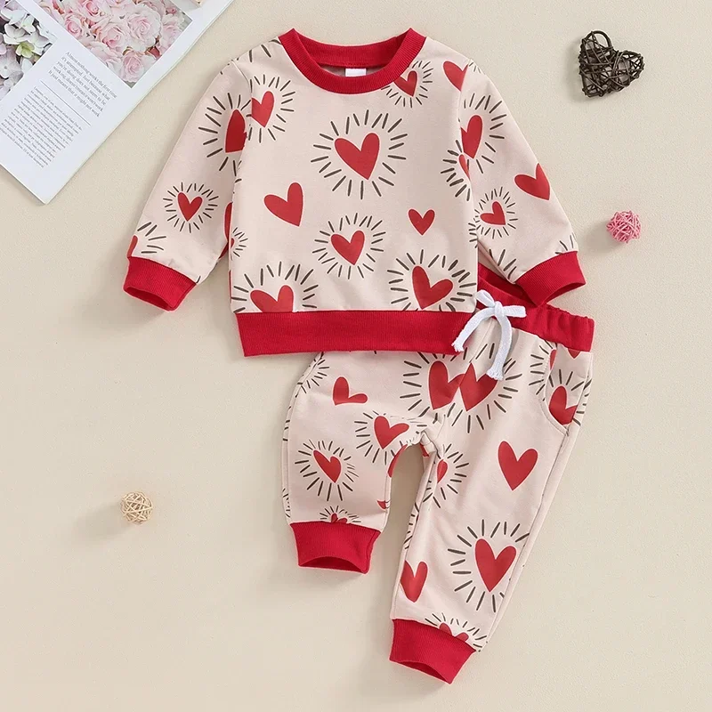 Baby Girls Boys Autumn Long Sleeve Heart Sweatshirt Pants Valentines Day Outfits Tracksuits Newborn Clothes Sets