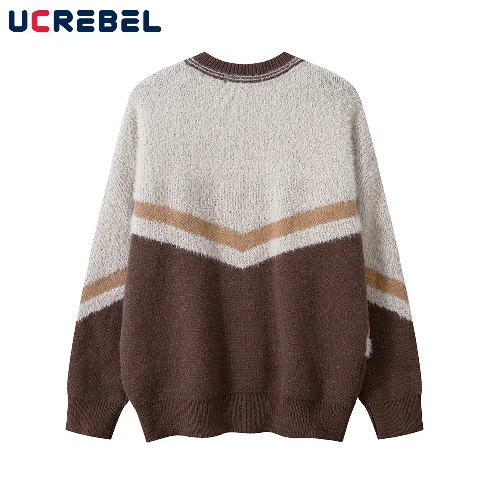 Contrast Paneled Sweater Mens Letter Jacquard High Street Autumn Winter Loose V-neck Long SleeveKnitted Pullover Men