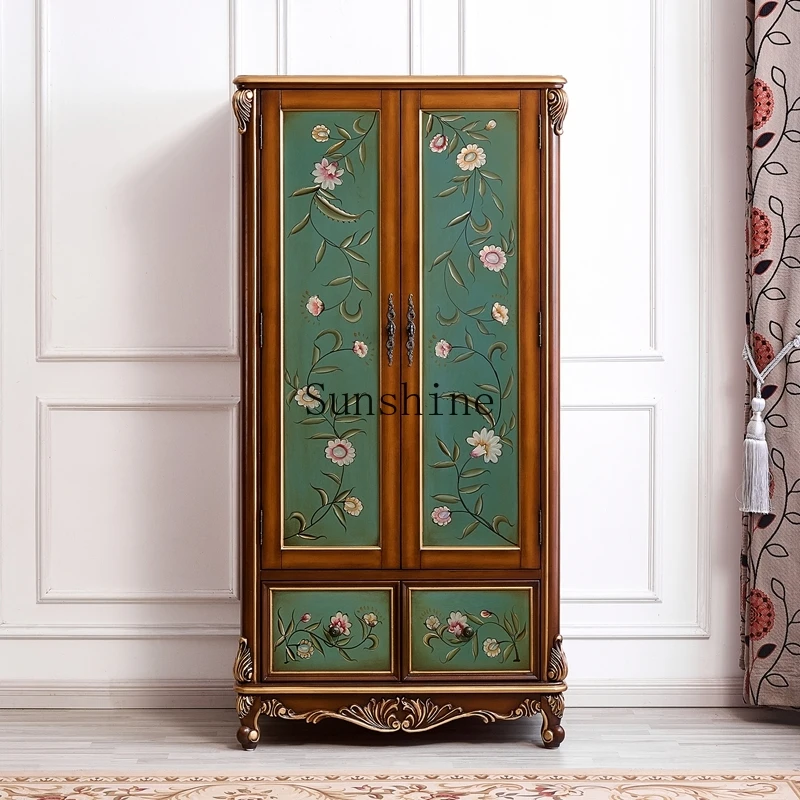 European retro painted solid wood storage cabinet wardrobe adult children hanging wardrobe