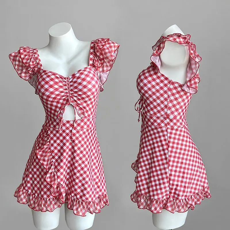 Kawaii Girls Y2K One-piece Swimsuit Plus Size Women Red Plaid Beach Dress Swimwear with Shorts Sexy 2pcs Bathing Suit for Women