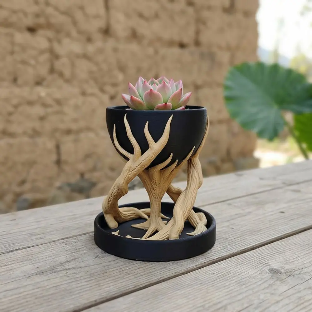 3D Printed Tree Root Planter Pot Twisting Branch Base Drainage Tray Fun Root Flower Pot Unique Lifelike Novelty Desktop Planter