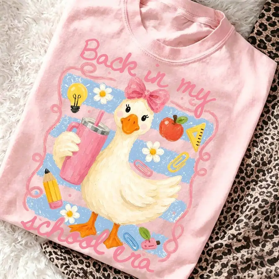 Women's Preppy Back To School Era Duck Graphic Tee With Coquette Bow Crewneck Short Sleeve Cute Aesthetic Summer Vacation Casual Top Teacher Student Gift Idea