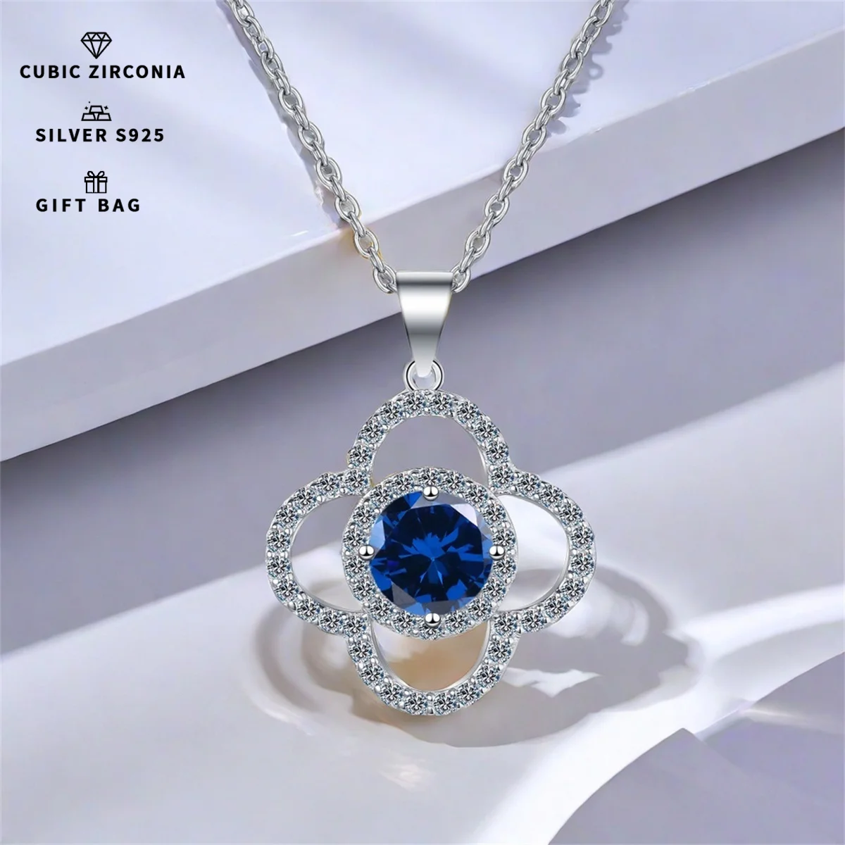 S925 silver Platinum plating inlaid with Tanzanite blue zircon Four-Leaf Clover round pendant,clavicle chain necklace women