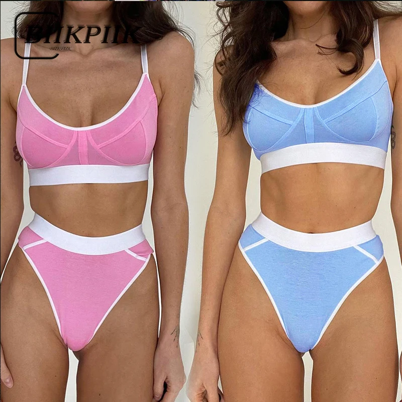 BIIKPIIK Sweet Patchwork Casual Two Piece Sets Cleavage Stunning Bra + High Waist Shorts Bikini Sets Sporty Streetwear Clothing