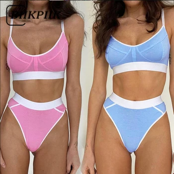 BIIKPIIK Süße Patchwork Casual Zwei Stück Sets Spaltung Stunning Bh + Hohe Taille Shorts Bikini Sets Sportliche Streetwear Kleidung