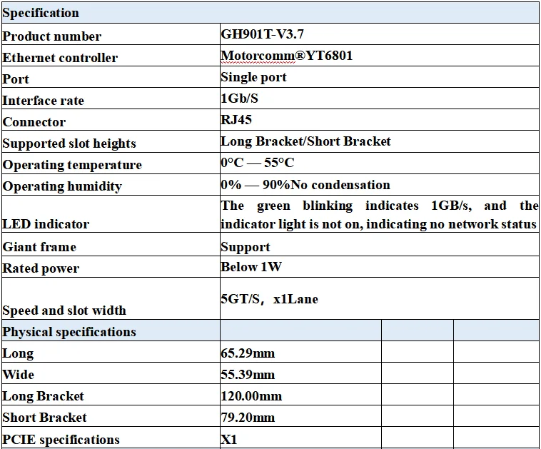 ประสิทธิภาพสูง PCIEX1 Gigabit Single Port RJ45 Server Adapter GH901T-V3.7 พร้อม Motorcomm YT6801 ชิป