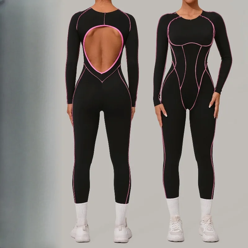 

Бесшовный комбинезон для йоги, спортивный фитнес-линия подъема бедер, облегающий комбинезон контрастного цвета с открытой спиной, цельный боди для йоги для женщин