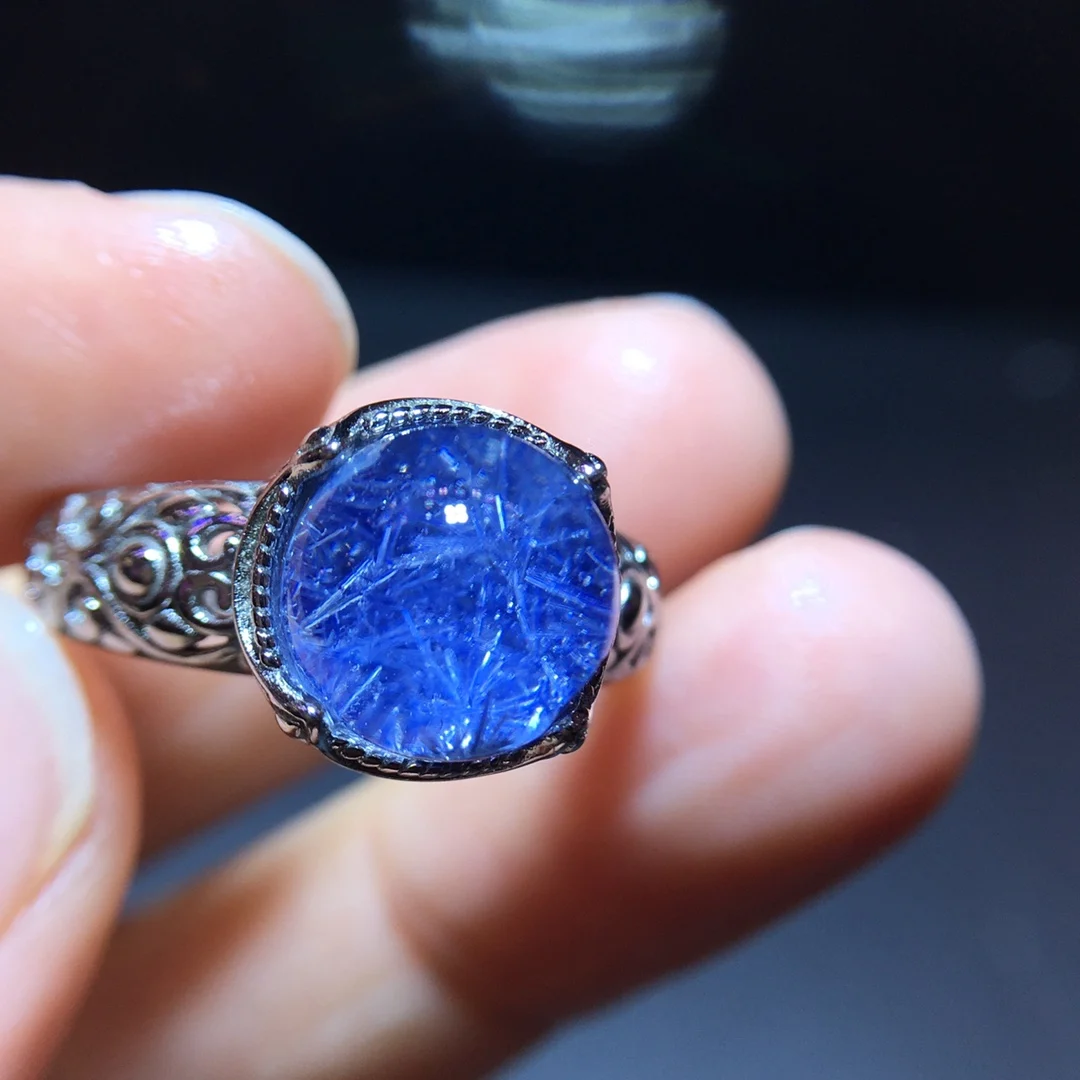 الطبيعية الأزرق Rutilated Dumortierite الكوارتز قابل للتعديل الدائري 9.7 مللي متر البيضاوي امرأة الرجال خاتم AAAAAAA #3