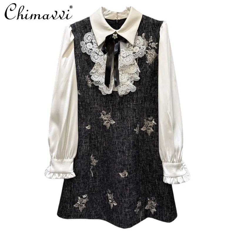 Winter New French Style Bowknot Sequin Shirt Patchwork Fake Two-piece Dress Women's Fashion Long Sleeve Elegant Dress Women