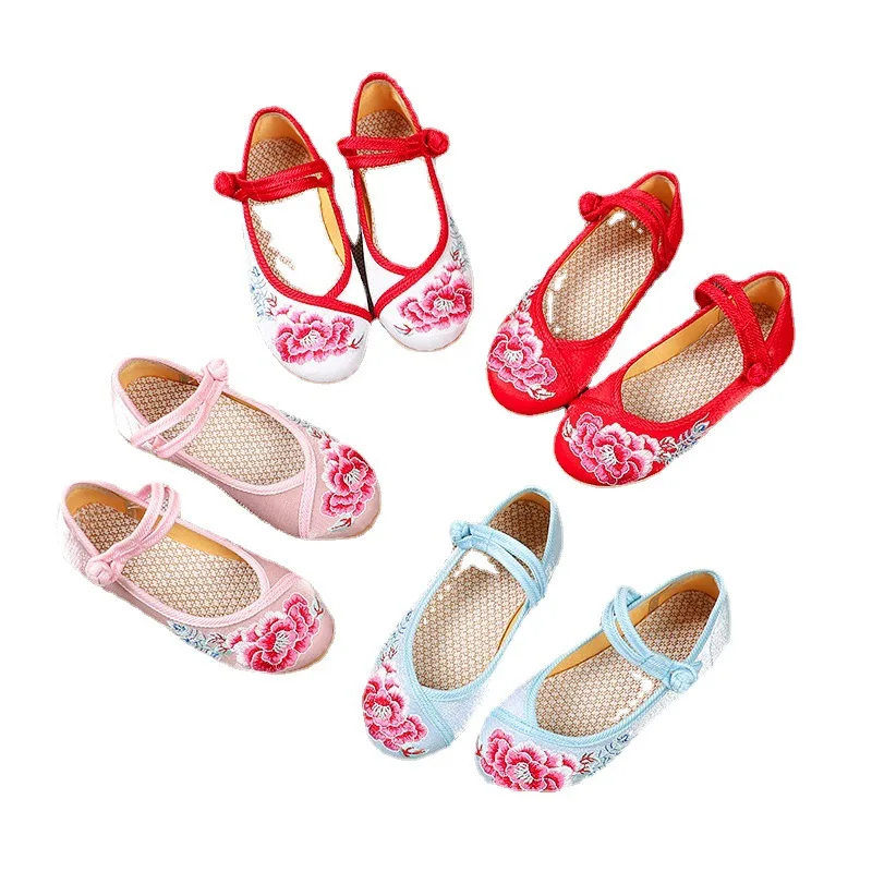 Sapato Hanfu bordado infantil, estilo chinês para meninas, sapato de pano de algodão, solado macio, sapato princesa liso, confortável, vermelho, rosa