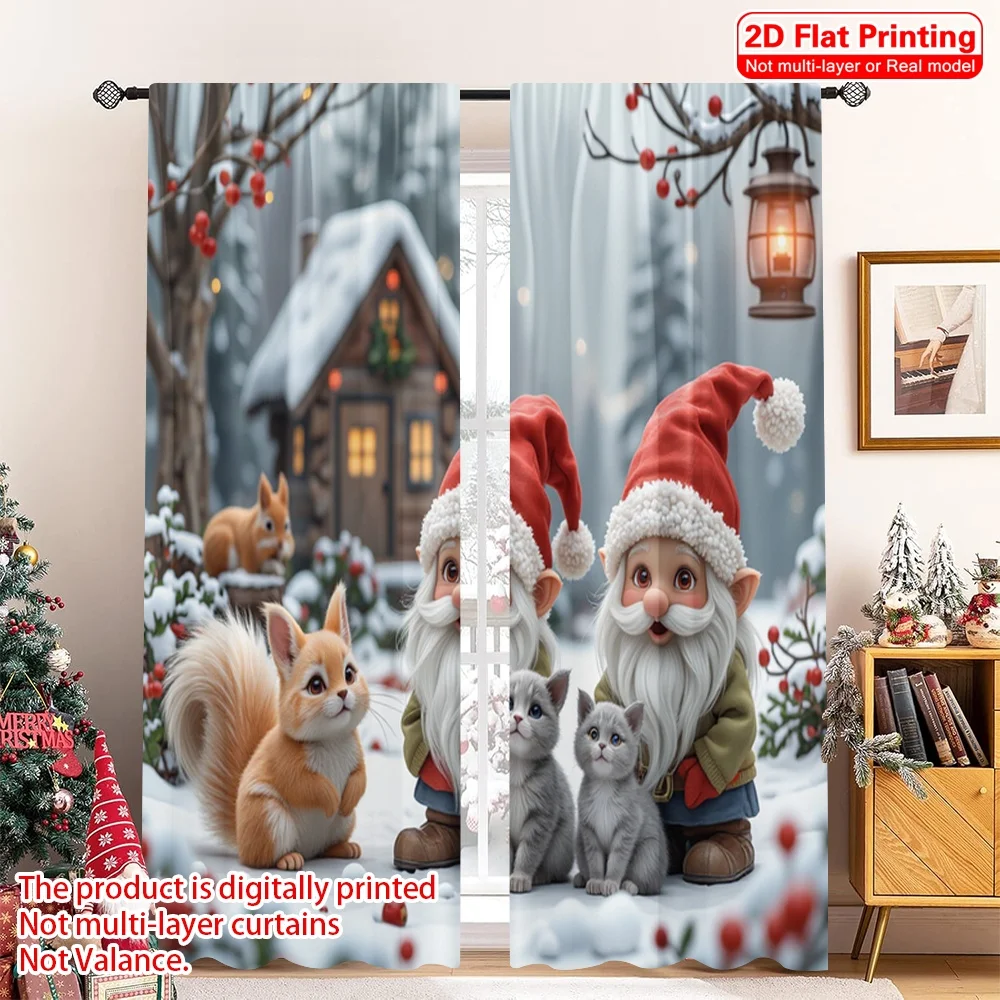 

2pcs 2D flat printing Merry Christmas Drapes Christmas Gnomes Forest Snow Polyester Without Electricity Festive Curtains Use for