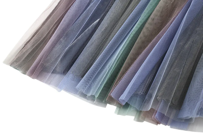 Fashion Gradient Two Layers Gauze High Waisted Mesh Skirt Women Slim Casual Pleated Design Sagging Sensation Lady Pleated Skirt