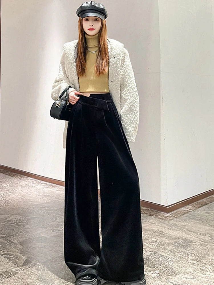 

Черное золото, бархатные широкие брюки, женские зимние бархатные брюки с высокой талией, прямые универсальные повседневные брюки-тапочки