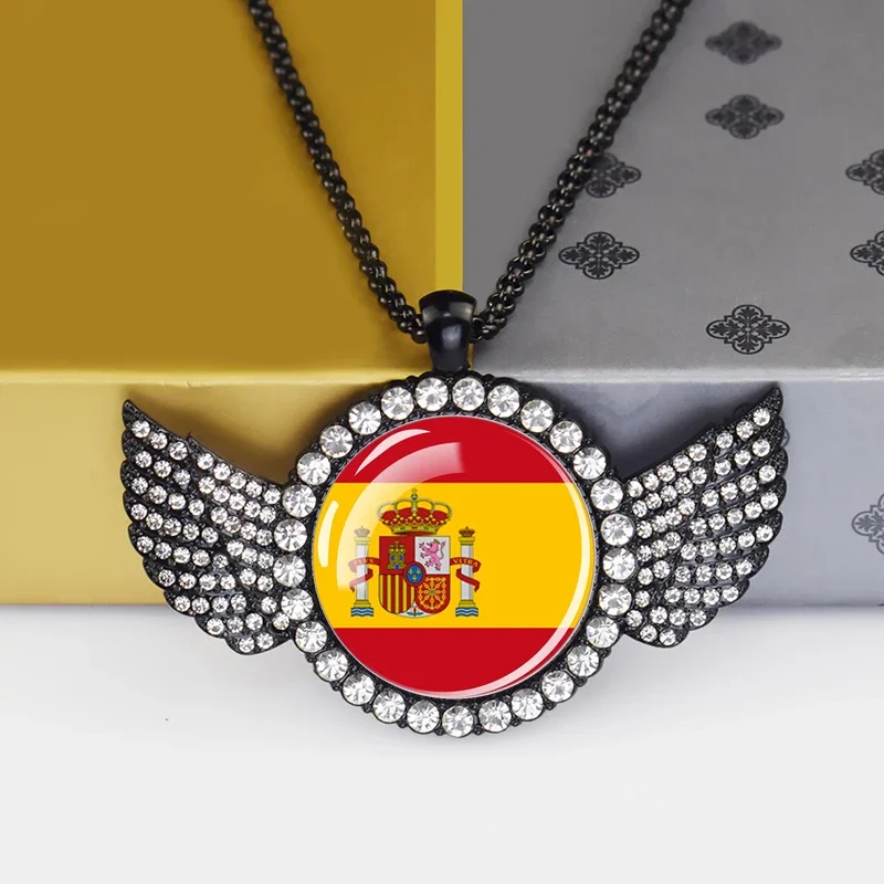 Esspoc Charms Crystal Pendant Flag Necklace Punk Black Chains Necklaces for Patriot Souvenir Gifts Belarus Mexico Spain UK Flags