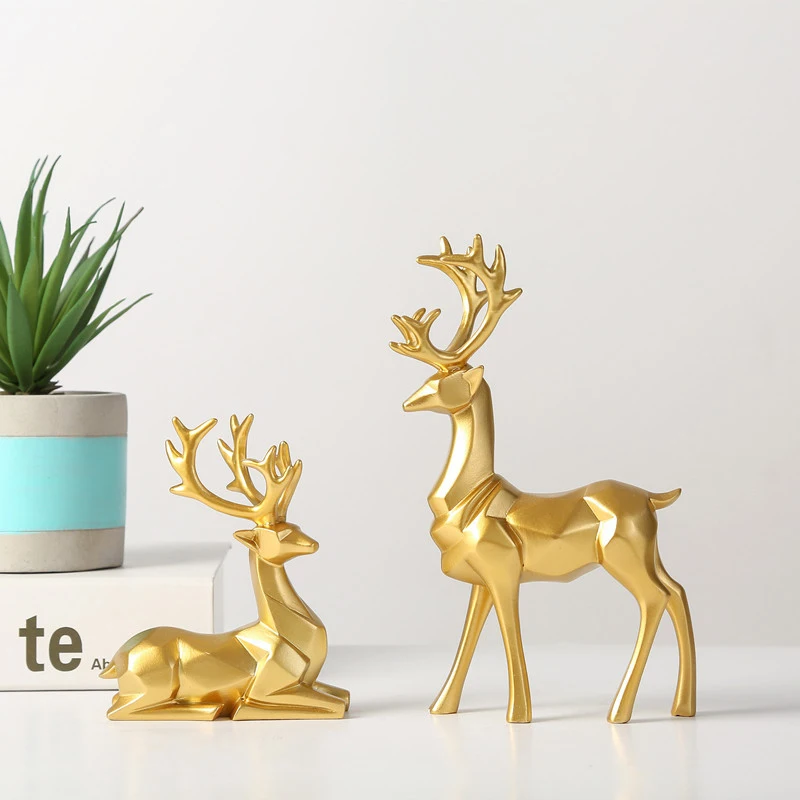 Resin Geometric Elk Sculpture Standing Gold Deer Statues Festival Reindeer Home Decor Living Room TV Cabinet Ornaments - Image 2