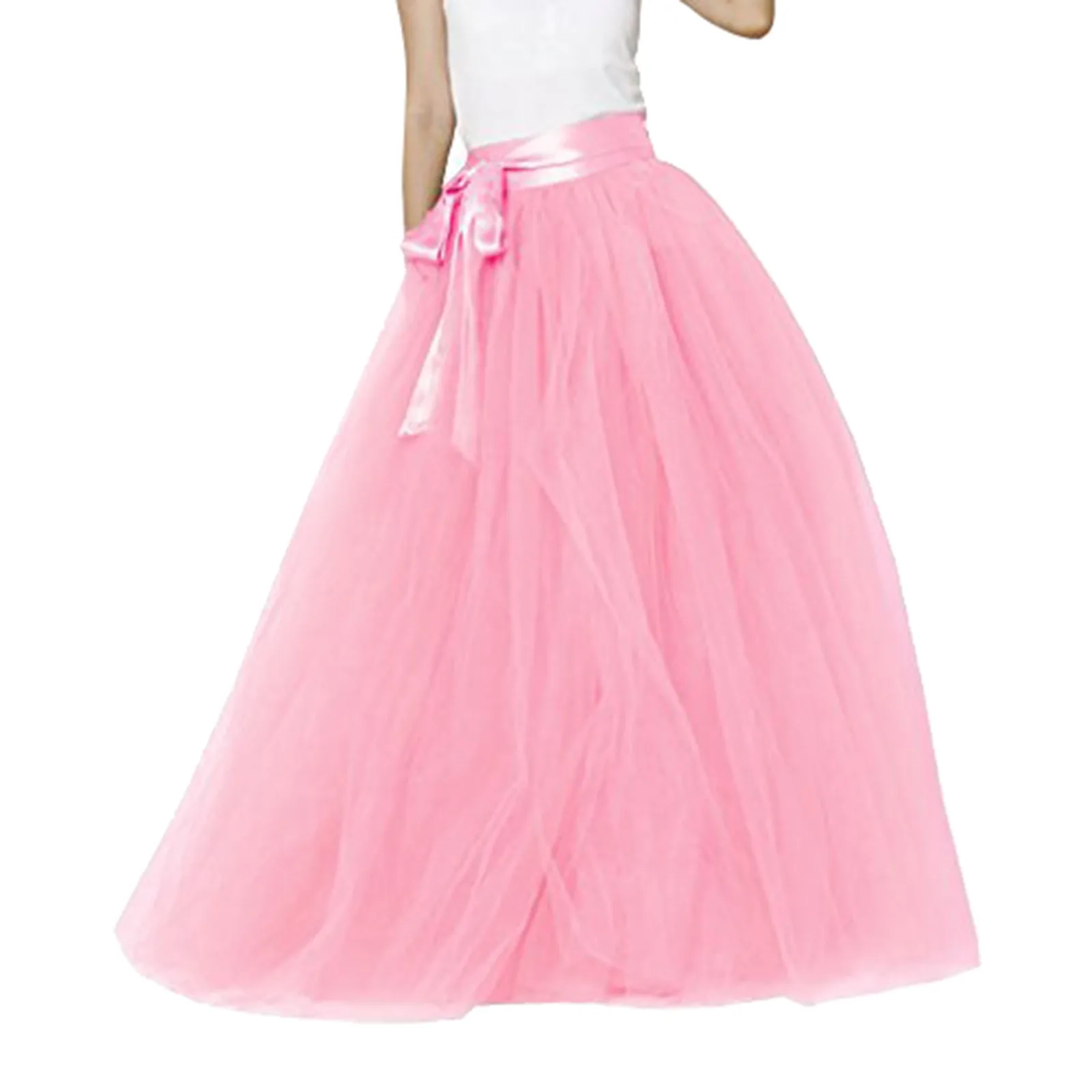 Women's High Waist Large Swing Long Skirts Elastic Waist Casual Party Tutu Puffy Mesh Half Body Skirt Solid Color Falda Mujer