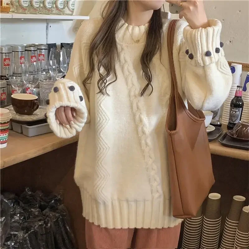 Deeptown Vintage Women Sweater Korean Fashion Long Sleeve Knitted Pullover Loose Solid Color Twist Knitwear Autumn Winter Casual