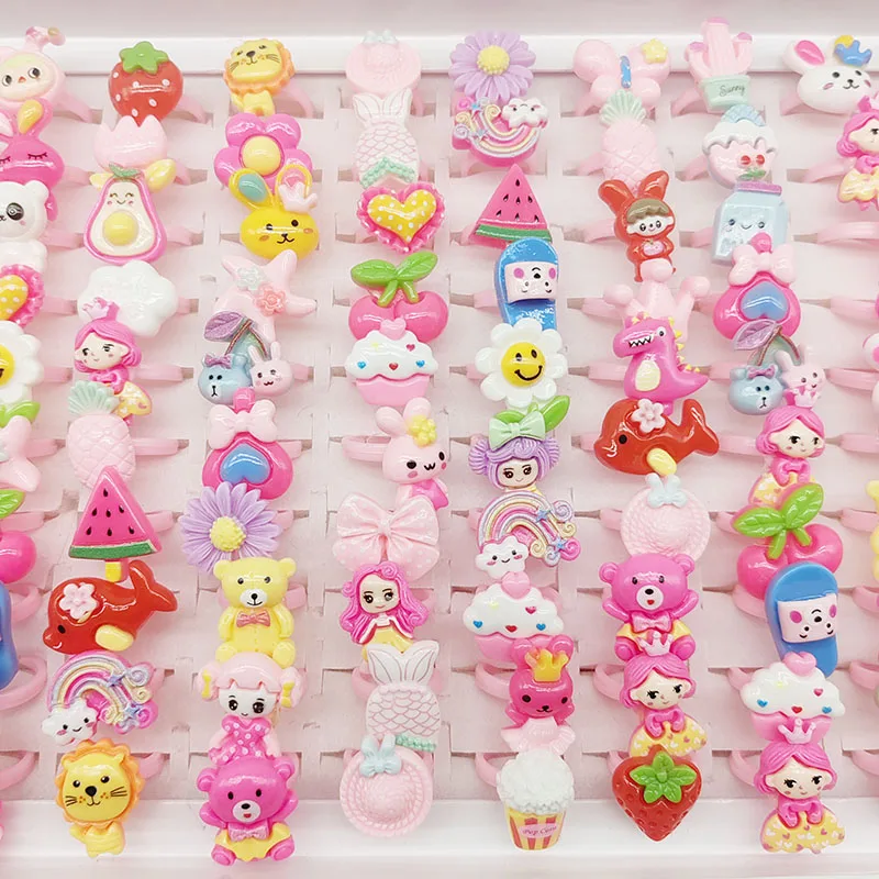 100pcs/Lot Wholesale Children Finger Rings for Girls Party Pink Cute Jewelry Open Adjust Resin Ring Cake Animal Fruit Ice Cream