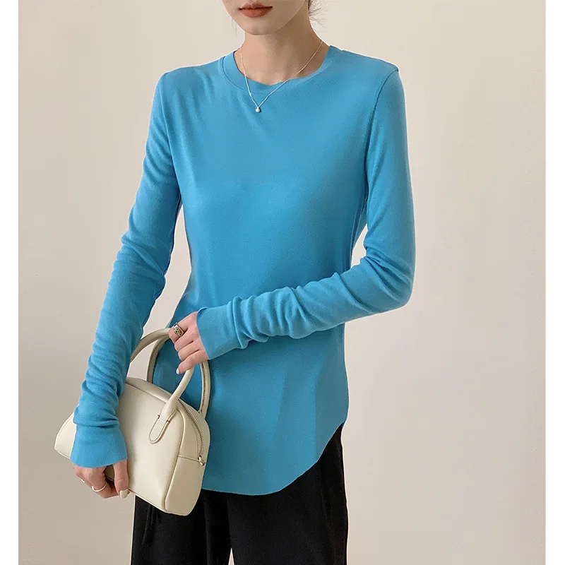 Lyocell Silk T Shirt Women Light Weight Long Sleeve Tees Crew Neck Tops Slim Spring Summer