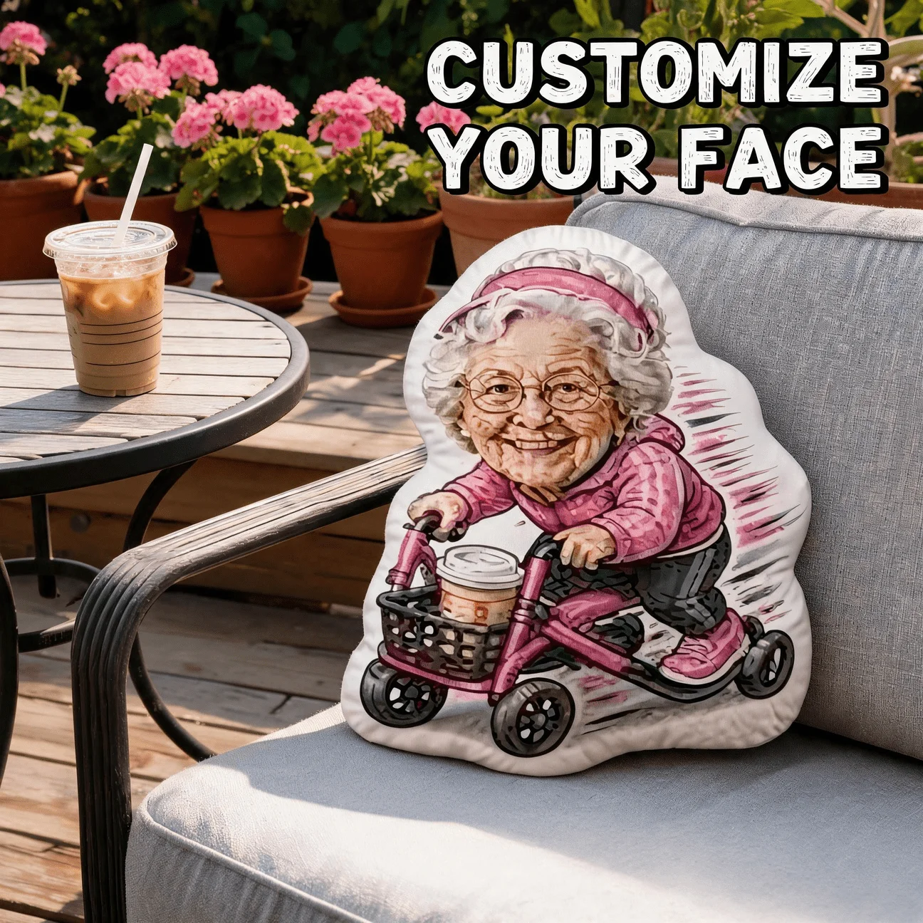 Custom Photo Shaped Pillow, Funny Grandma Riding Scooter Personalized Decorative Cushion, Unique Home Decor Accent for Sofa & Be
