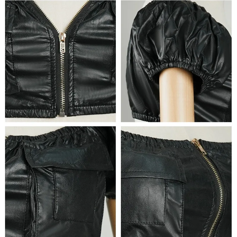 2025 신상 여성 섹시 오프숄더 튜브탑 - 블랙 PU 가죽 슬림 크롭 블라우스