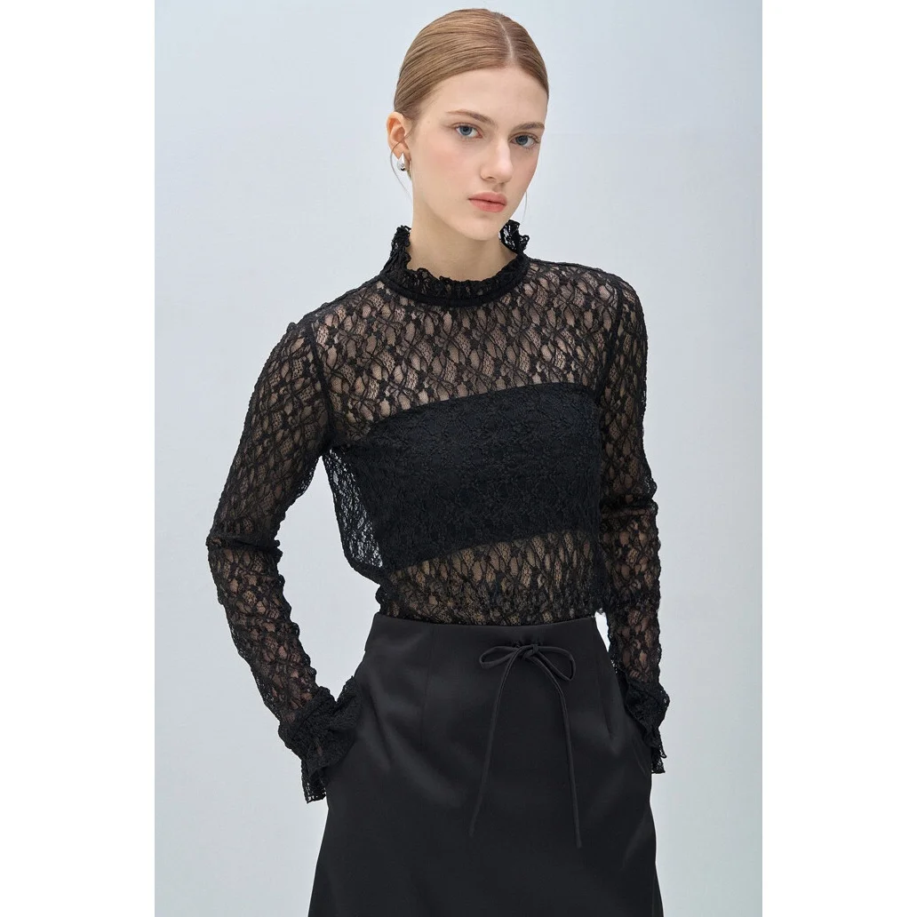 

Korean Sle Knitted Hollow out Stand Collar 3D Punching Slimming Top Small irt Long Sve Button Detail Commute Wear