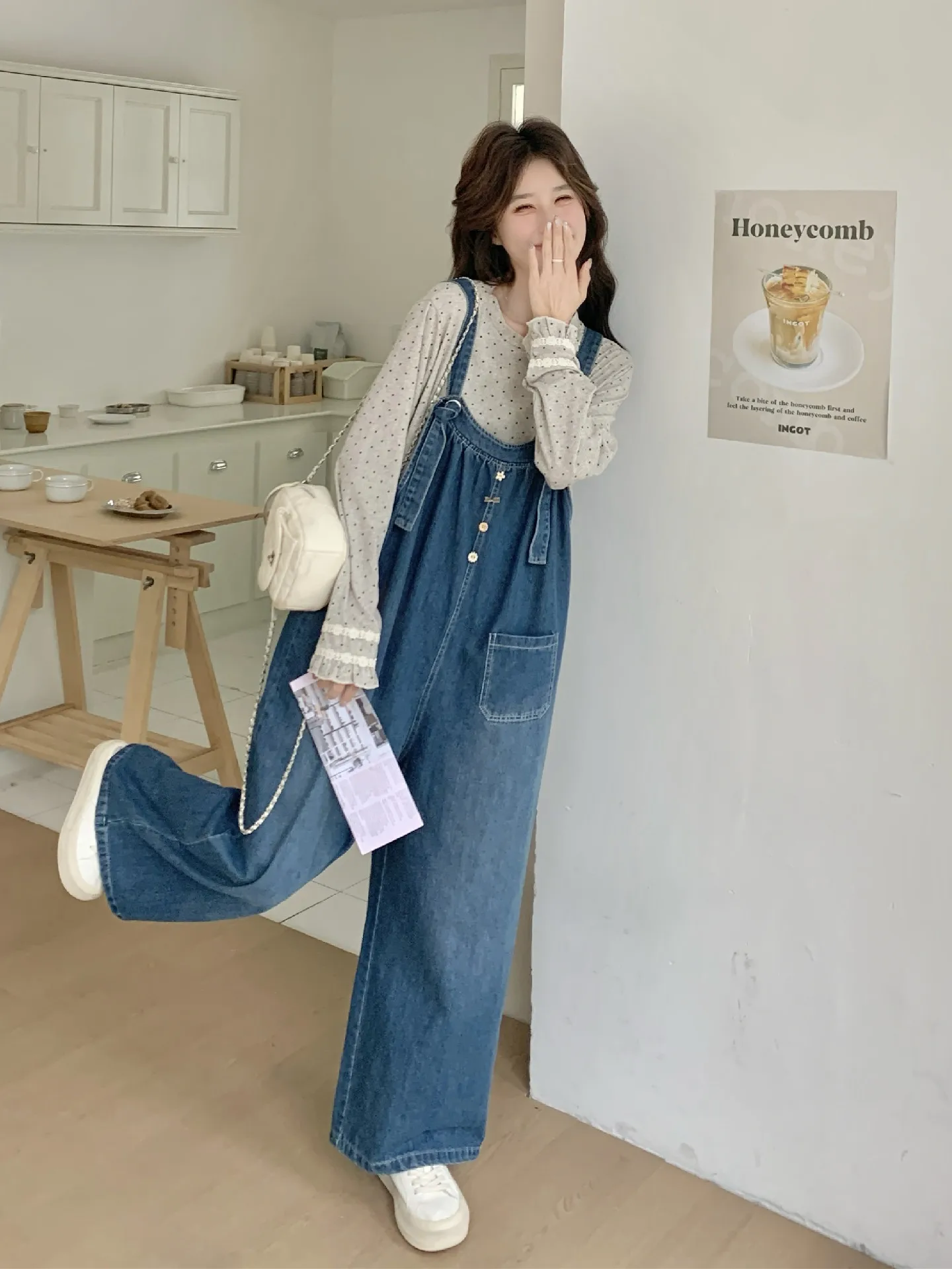 

Casual Polka Dot T-irt And Overalls Set Women's Spring Autumn New Sle Breathable Polyester Fiber High Waist Jeans Pants