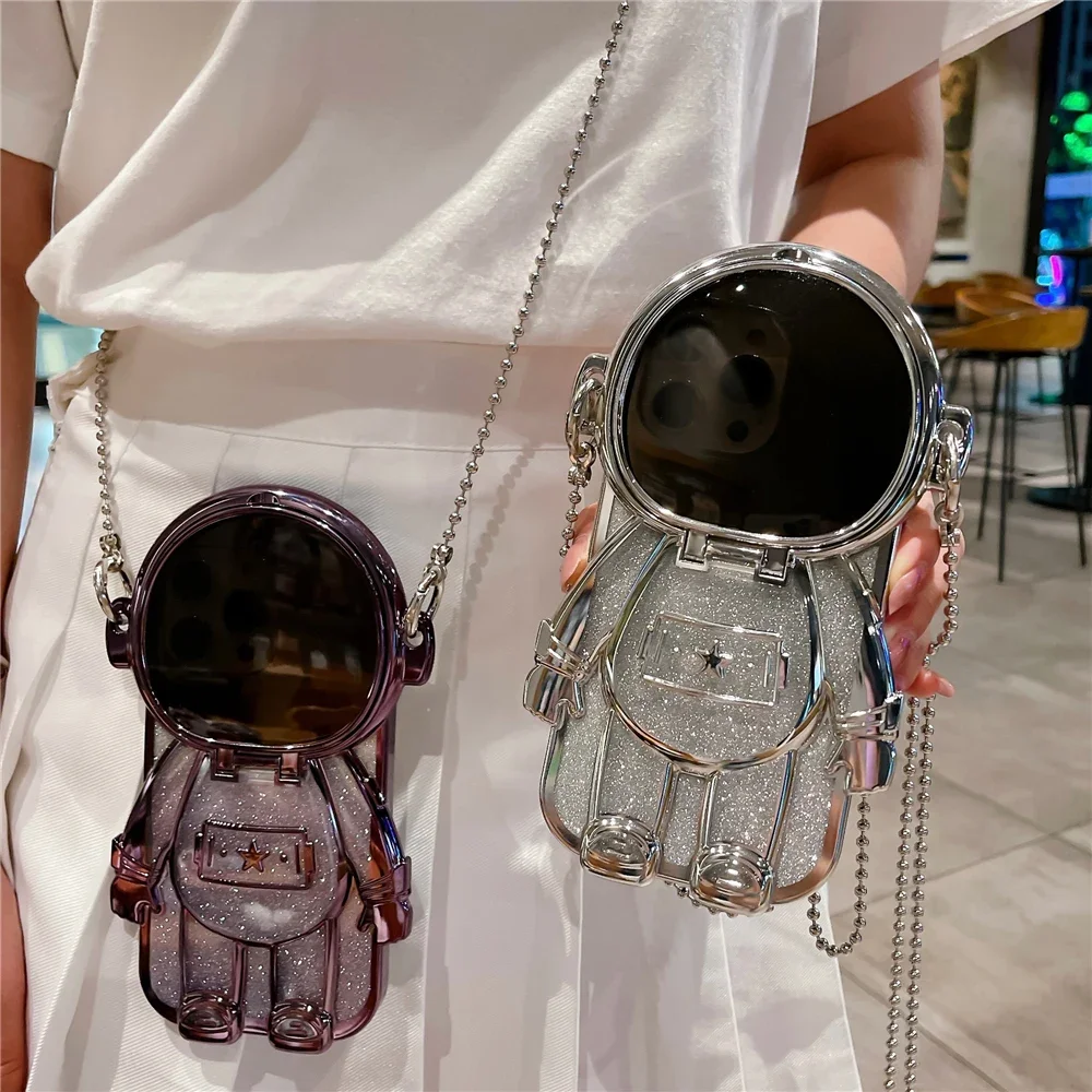 Luxury Cartoon 3D Astronaut Case For iPhone 15 PRO MAX 14 Pro Max 13 PRO 12 11 Mirror Lanyard Soft Clear Phone Cover