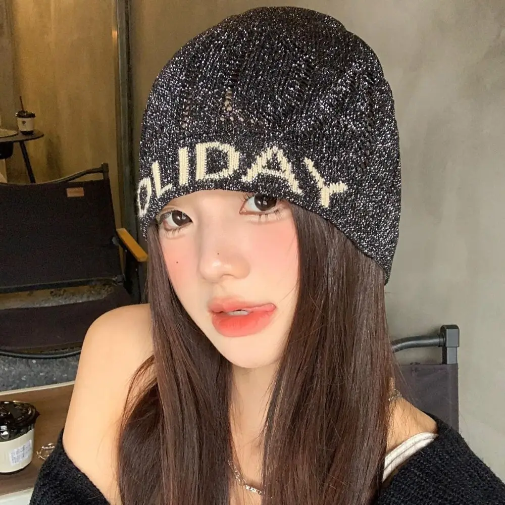 

Warm Vintage Sequin Knitted Hat Cool Hollow Knitted Pullover Hat Thin Mixed Color Woven Cap Autumn