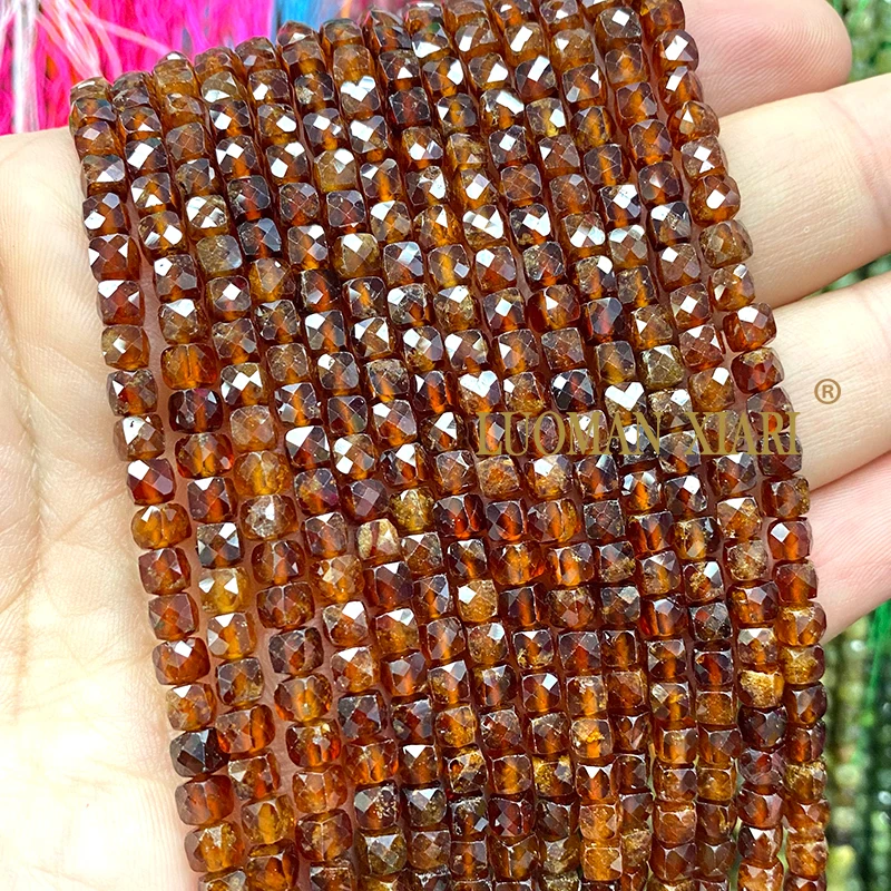 4x4mm Natural Stone Faceted Cube Orange Garnet Loose Square Spacer Beads for Jewelry Making Diy Earrings Bracelet Accessories