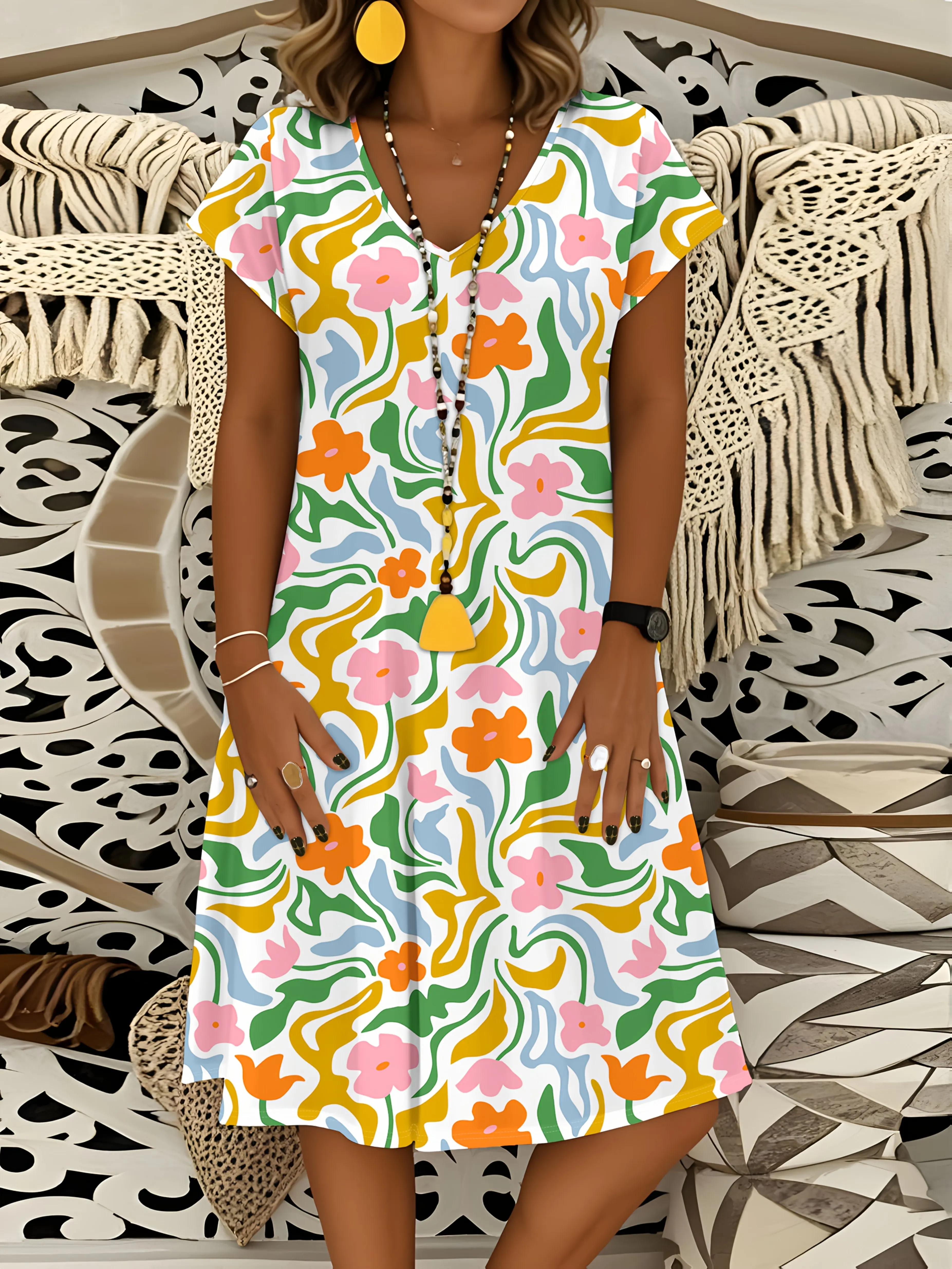 Damen Freizeitkleid mit V-Ausschnitt, Kurzarm, Blumenmuster, Sommerliches A-Linien-Midikleid mit abstraktem Wirbelmuster, leicht und atmungsaktiv, für den Urlaub
