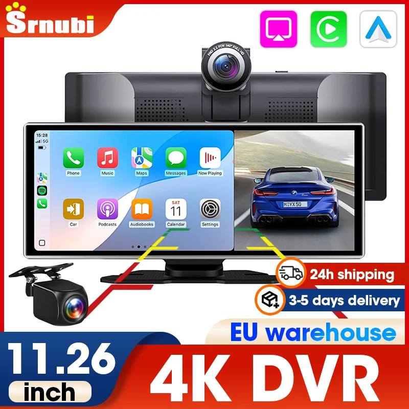 Caméra embarquée 4K Srnubi 11,26'' avec écran DVR Carplay, systèmes intelligents pour voiture, Android Auto, enregistreur vidéo, caméra de recul AUX, boîte noire