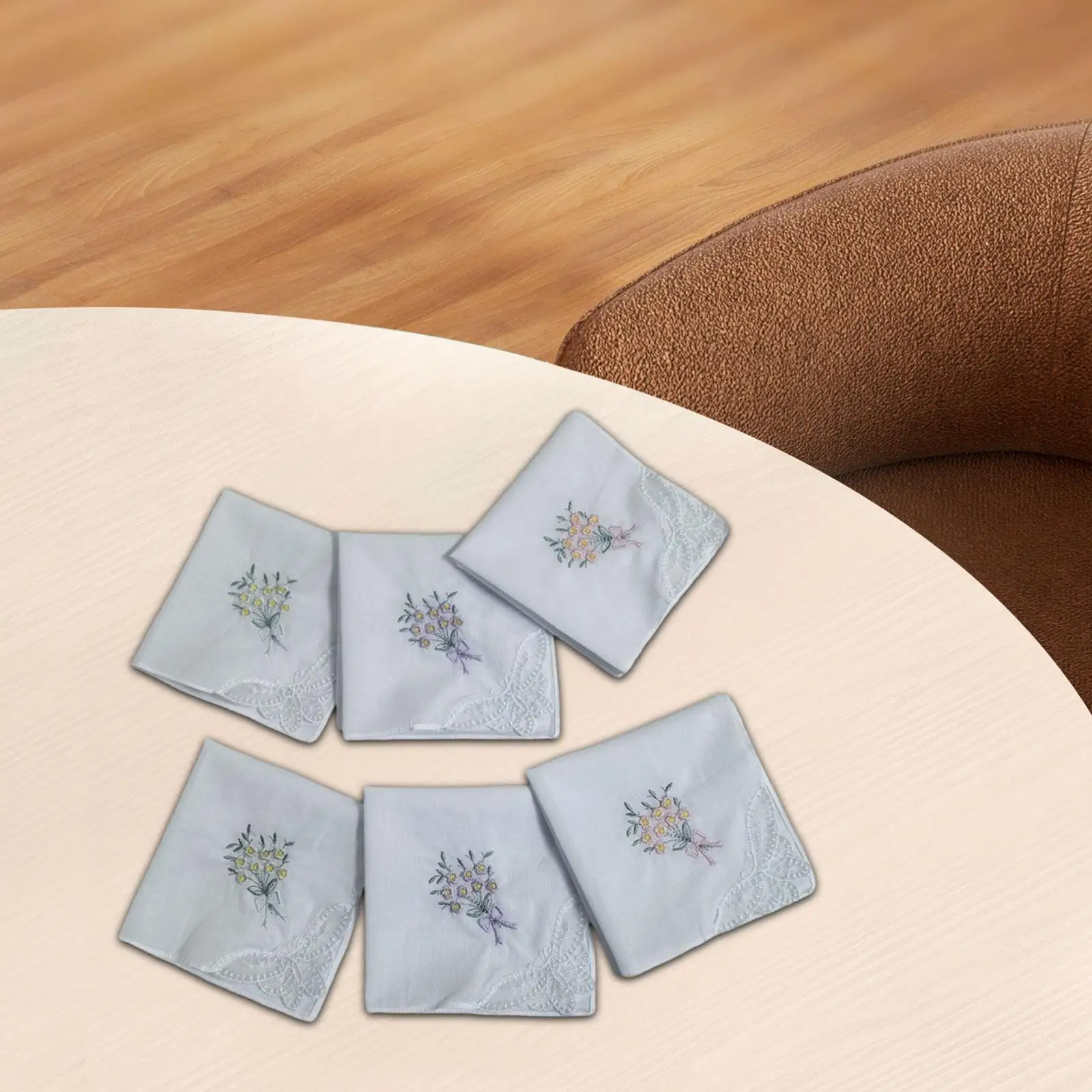 6Pcs Embroidered Cotton Handkerchiefs Soft Flower Hankies for Wedding Party