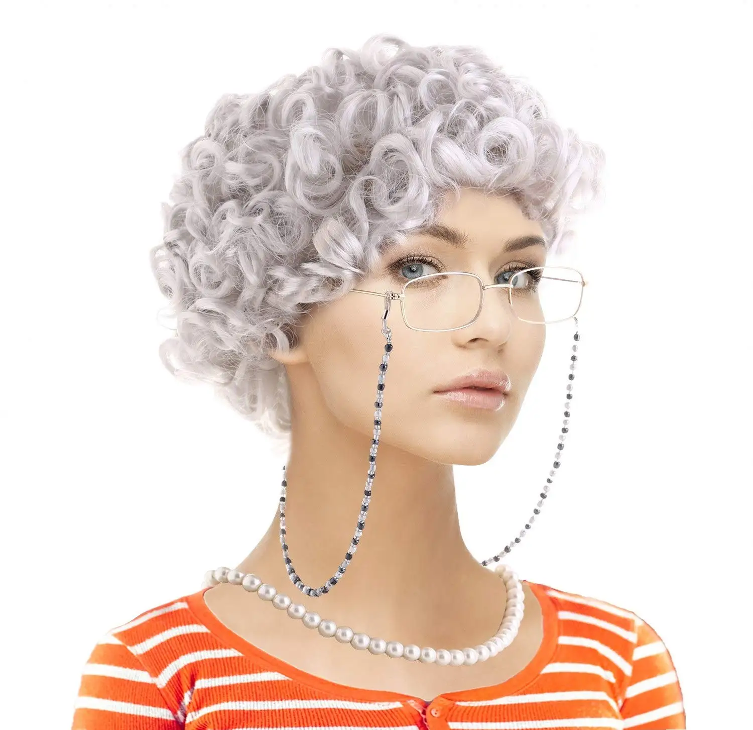 Conjunto de disfraz de abuela, peluca de abuela Madea para cosplay de Halloween, disfraz para el 100.º día de la escuela, 5 piezas: peluca de abuela, gorro para peluca, gafas de abuela Madea, cadena para sujetar las gafas, collar de perlas.