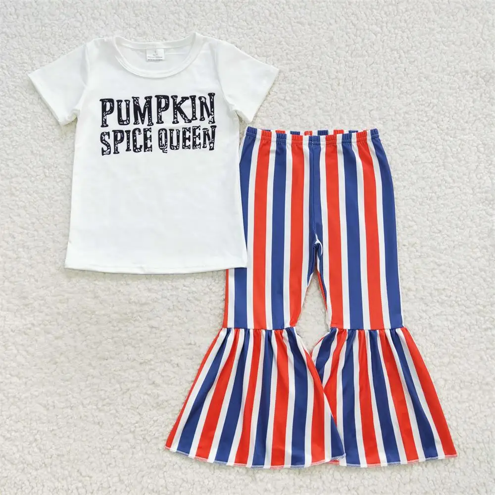 

Wholesale Kids Set Short Sleeves Pumpkin Letter T-shirt Toddler Children Stripes Bell Pants Baby Girls Thanksgiving Fall Outfit