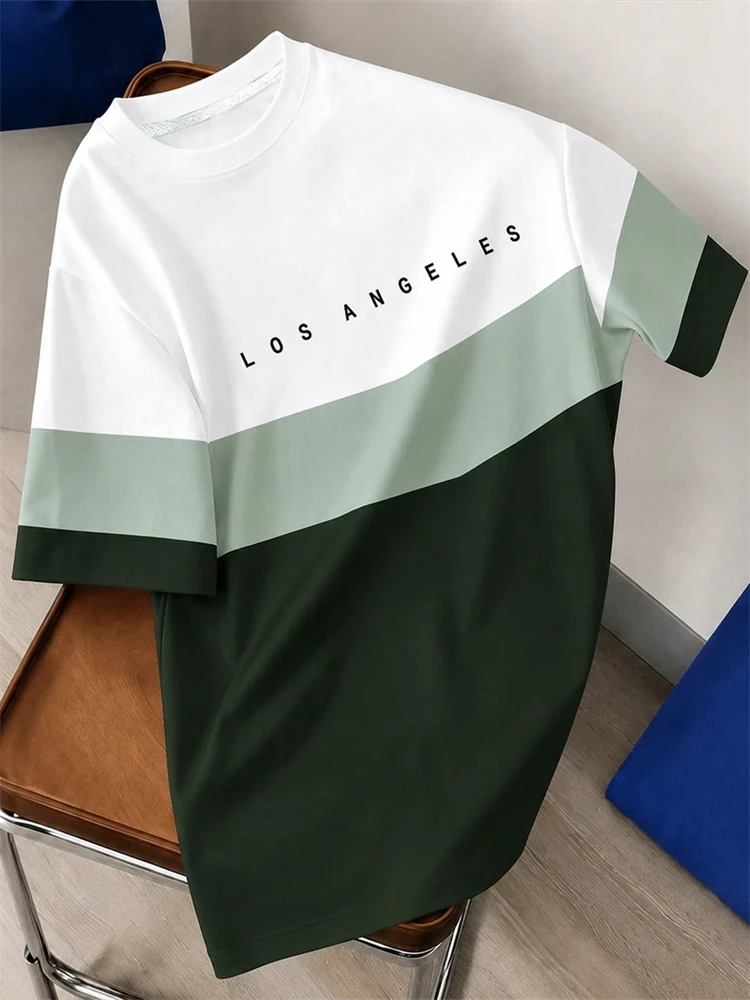 Men's Three-Color Block-Print Round-Neck Short-Sleeve T-Shirt Stylish Casual and Minimalist Men's Top for The Commute