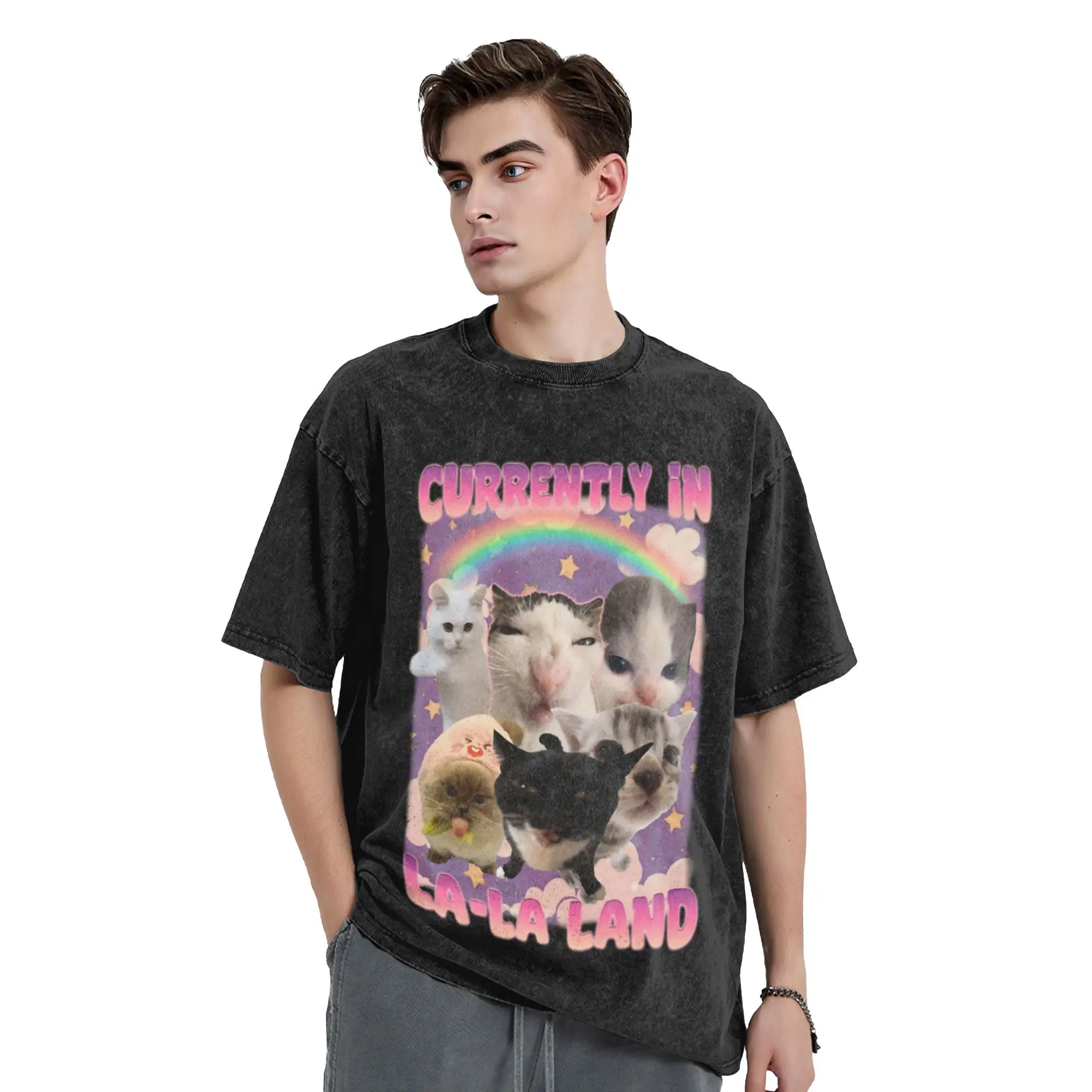 Currently in La-La Land Funny Cat Meme Unique Trendy A Vintage Oversized Cotton Unisex T-Shirts