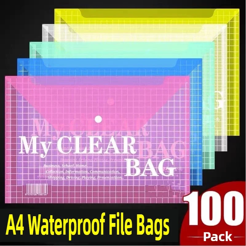 

100/5 PCS A4 Transparent File Bag Plastic Documents Filing Storage Bag Information Pocket Folders School Supplies Stationery