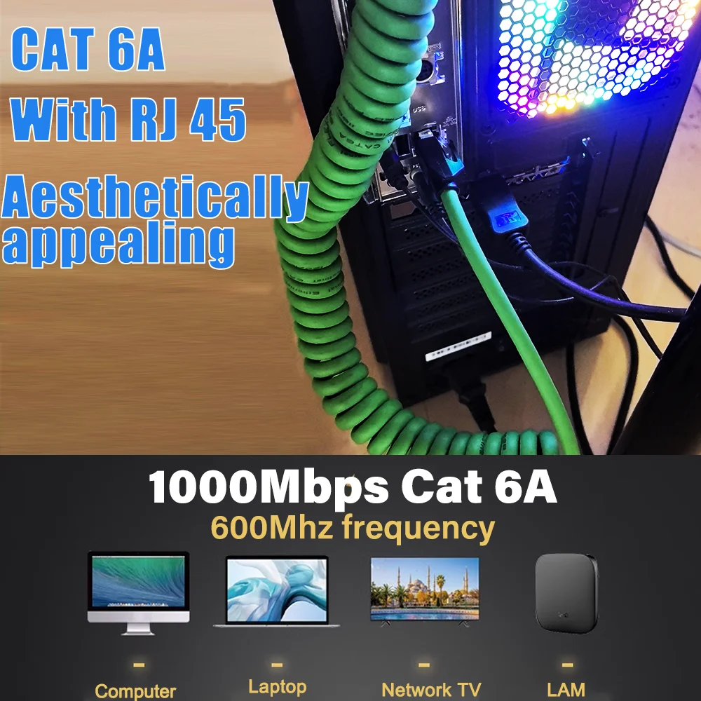 Ethernet LAN komputer sieciowy RJ45 Sping kabel spiralny CAT 6A 8core 26AWG Green PUR Jacket Flexibl rozciągliwy wciągany Coi