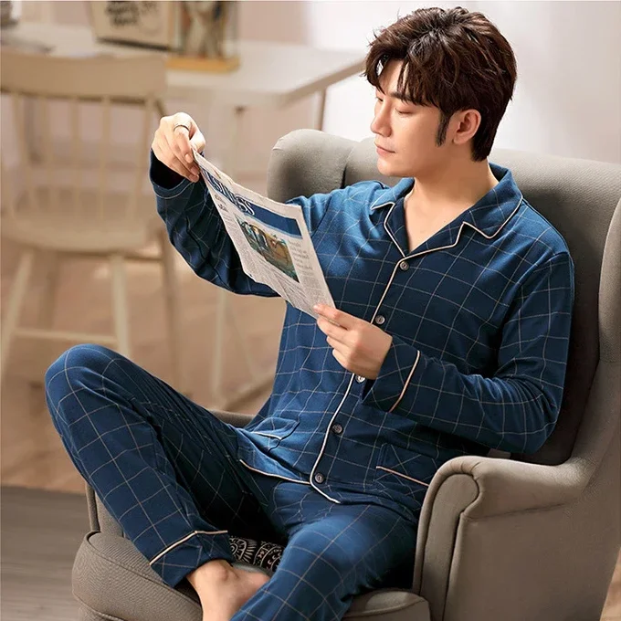 2024 Men\'s Pajama Sets Simple Sleepwear Long Sleeve Cotton Top Pant Leisure Outwear Soft Autumn Winter Loungewear Plus Size 6XL