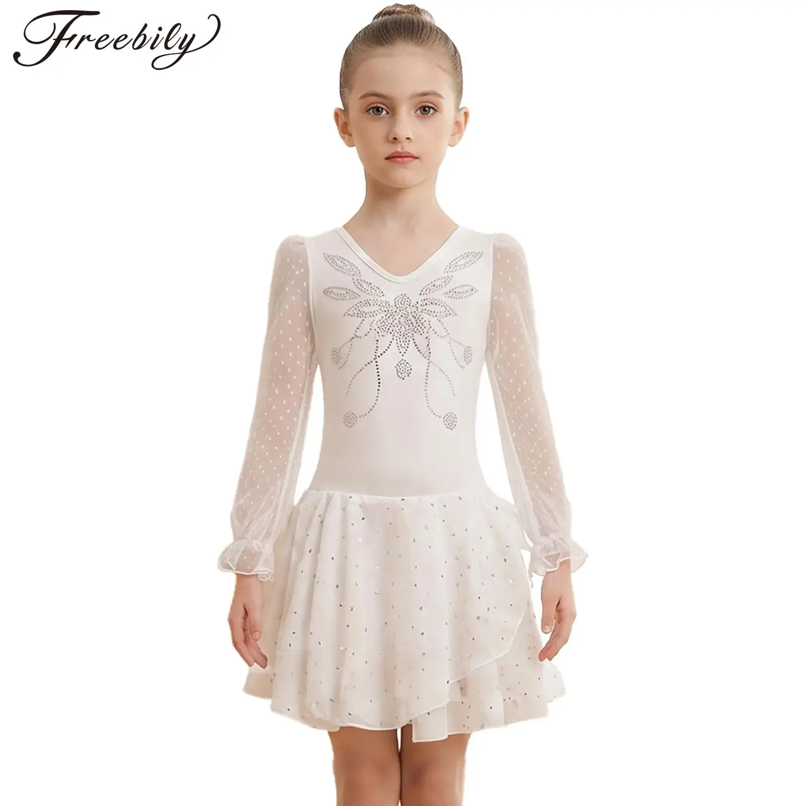 v-ネックバレリーナダンス服子供ステージパフォーマンスメッシュチュチュプリンセスドレスキッズガールズ体操バレエレオタードドレス