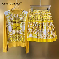 MARYYIMEI Summer Women's Vintage Suit Long sleeved Tops+Mini Skirt Wool Knitted Fabric Baroque printed Two Piece Set