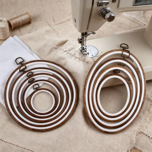 Imagen 2 del producto 10 Uds. De herramientas de costura, juego de marco de aros de bordado de madera de imitación ovalada redonda, anillos de aro de bordado de plástico para aguja de punto de cruz DIY