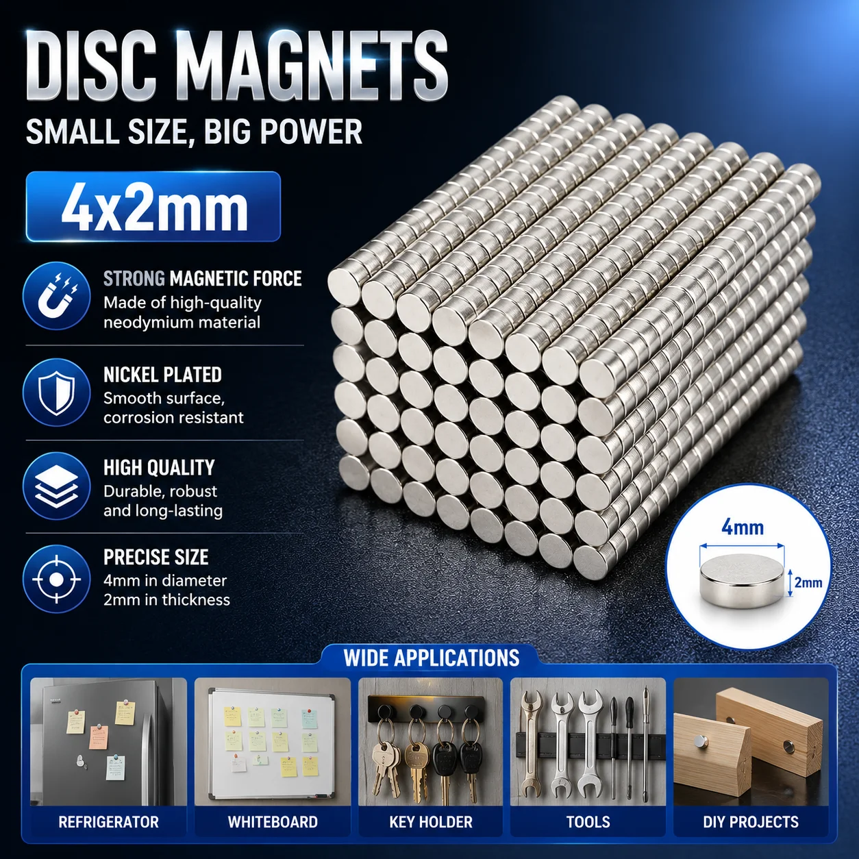 20/50pcs 4x1mm and 4x2mm  Disc Magnets, Same Diameter Different Force for Precision Applications, Crafts and Science Demos